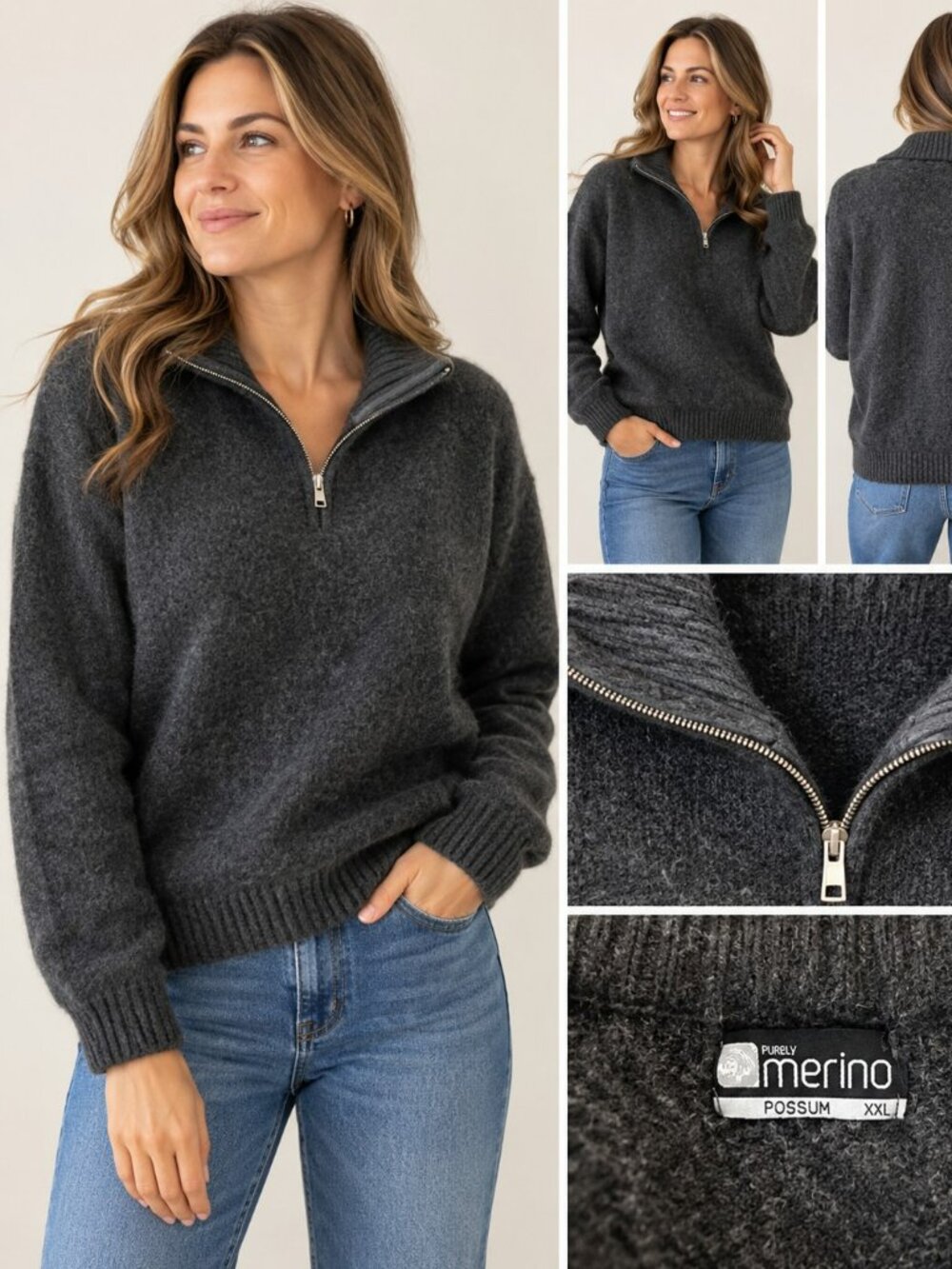 Purely Merino Possum Women's XXL (closer to L/XL) Sweater Charcoal Gray 1/4 Zip